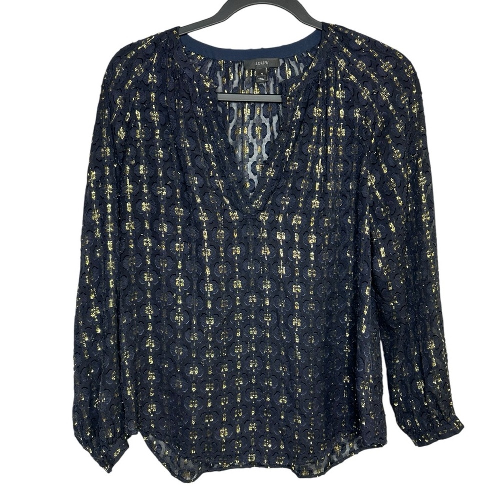 J.Crew Navy Gold Metallic Medallion Print Semi Sheer Blouse Silk Blend‎ Size 4